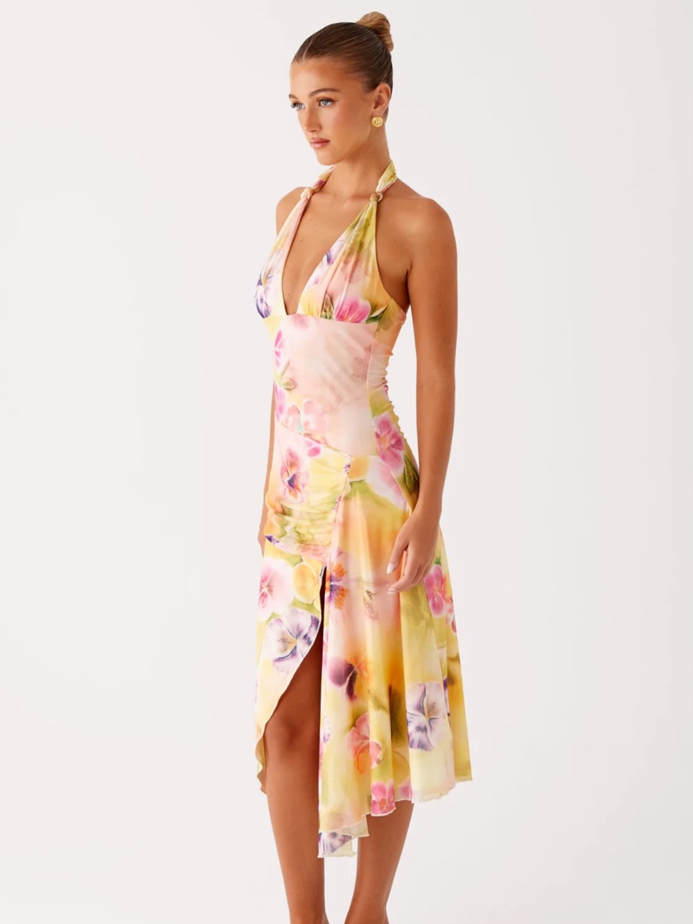 Peppermayo Yellow Pink Floral Halter Midi Dress